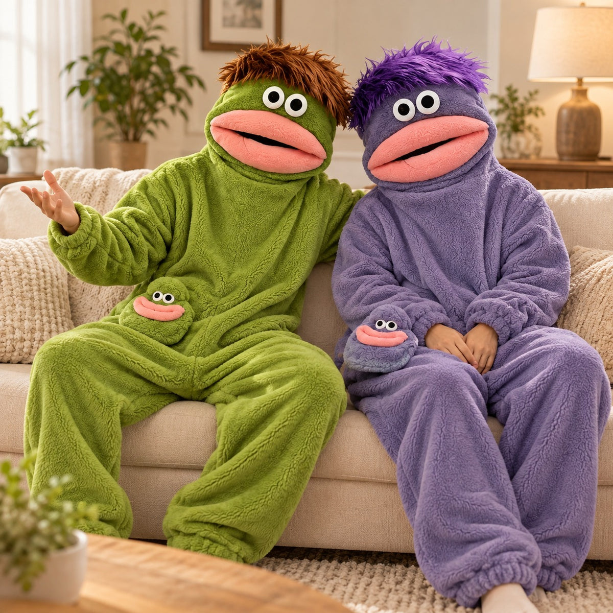 Monster onesie couple living room