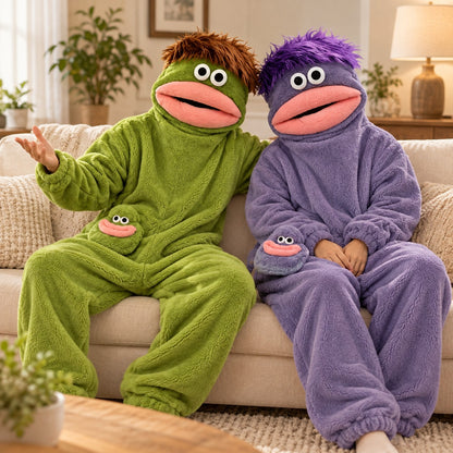 Monster onesie couple living room