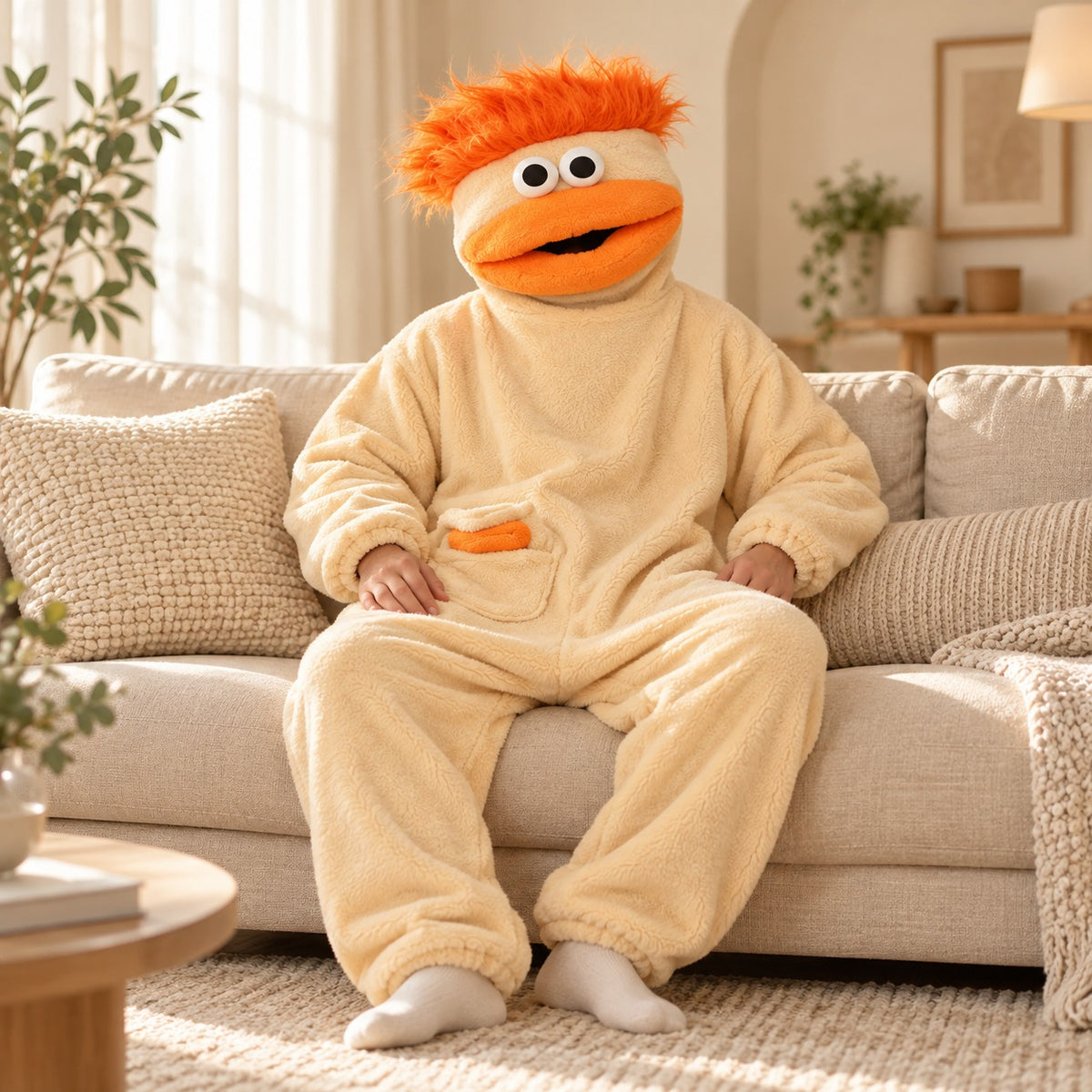 Monster onesie cream cozy sofa