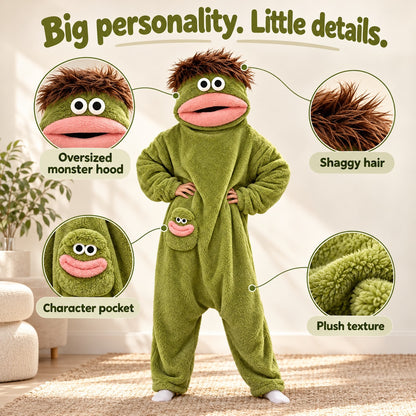 Monster Fluff onesie details: oversized monster hood, shaggy hair, character pocket, plush texture