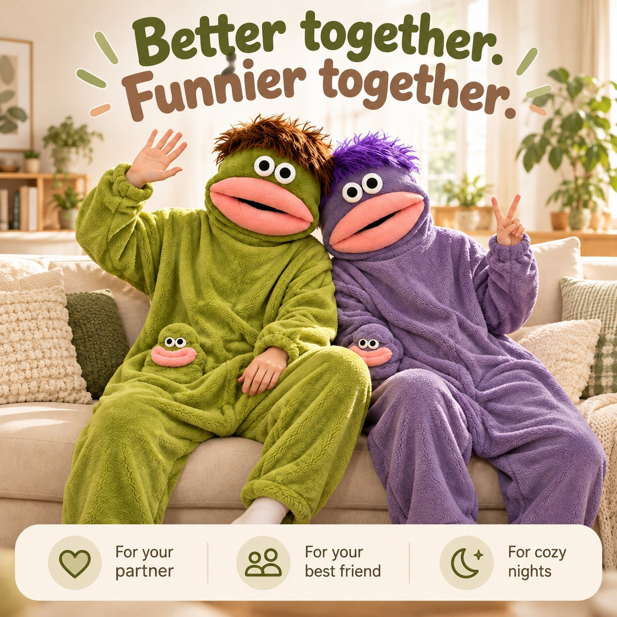Couple wearing matching Green and Purple Monster Fluff onesies