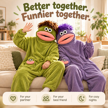 Couple wearing matching Green and Purple Monster Fluff onesies