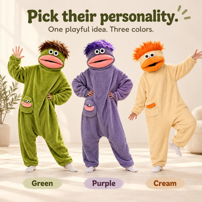Monster Fluff onesie in Green, Purple and Cream